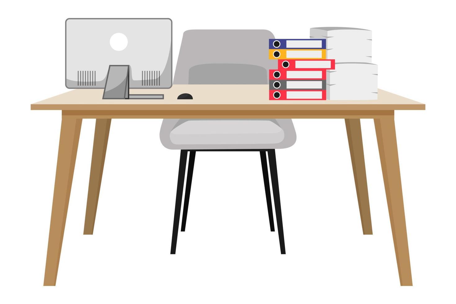 plat modern bureau voor thuiskantoor freelancer met houten stoel tafel en pc laptop computer met enkele papieren stapel bestandsmappen vector