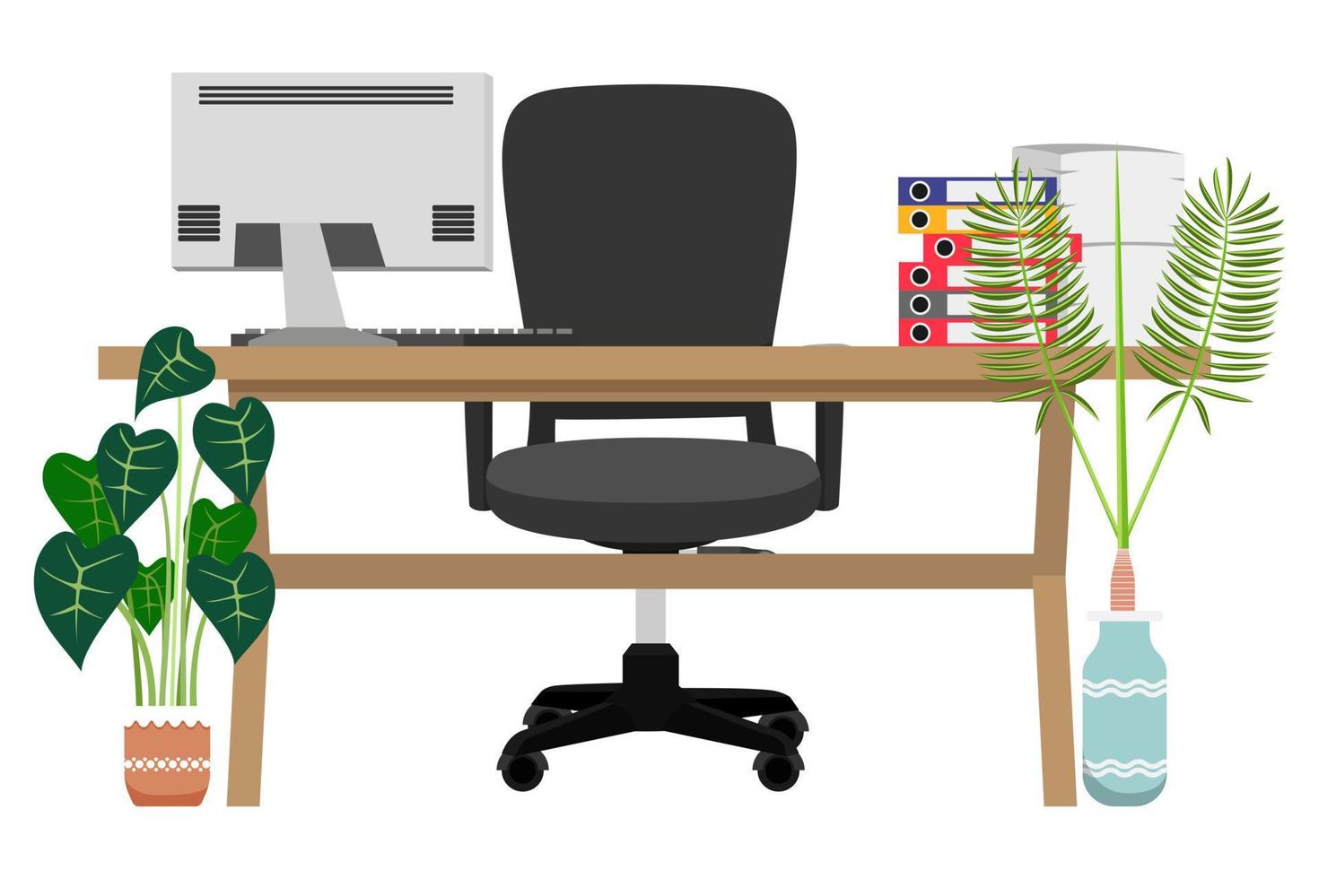 plat modern bureau voor thuiskantoor freelancer met stoel tafel pc computer met wat papierstapel bestandsmap kamerplanten vector