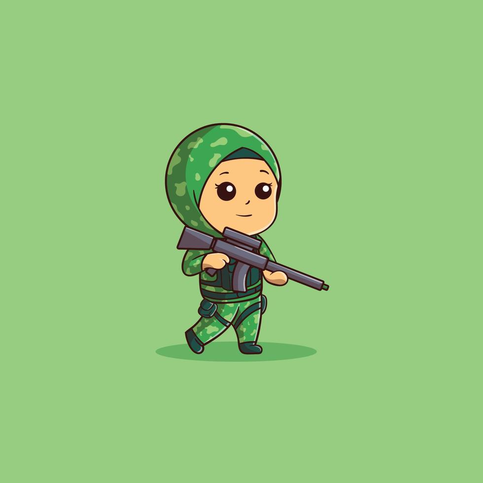 schattige illustratie van een moslim-vrouwelijke soldaat die loopt en een pistool draagt vector