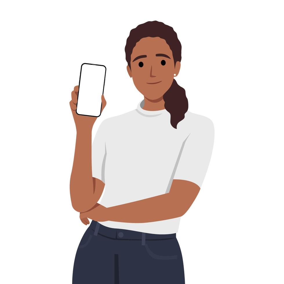 mooi jong vrouw verheven haar hand- naar tonen blanco scherm in mobiel telefoon terwijl staan. vector