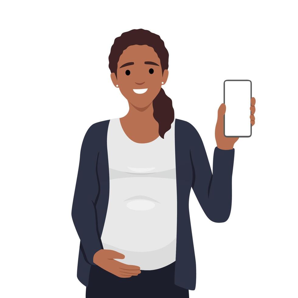 zwanger jong vrouw Holding smartphone vector illustratie. moeder naar worden gebruik makend van mobiel zwangerschap app.