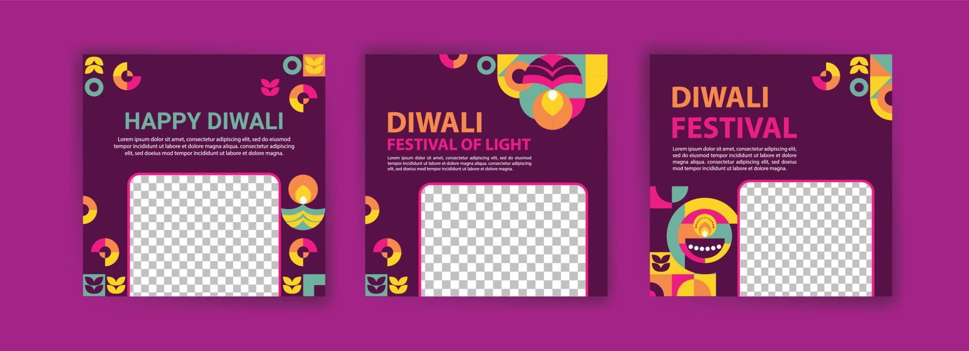 social media postsjabloon voor diwali-viering. kleurrijke neo geometrische poster voor diwali viering. vector