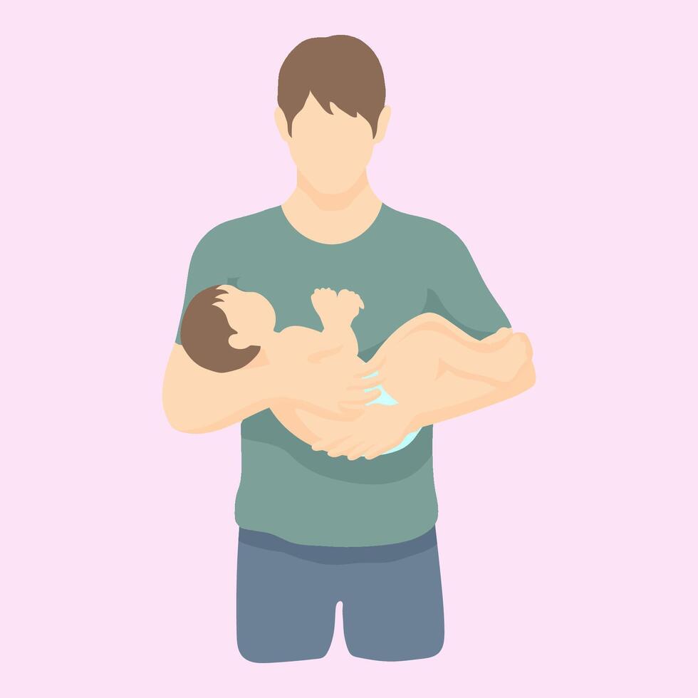 Kaukasisch bruin haren Mens staat voorzichtig Holding zijn baby in een luier. gemakkelijk vector stijl in realistisch silhouet zonder gezicht. voor de helft hoogte portret