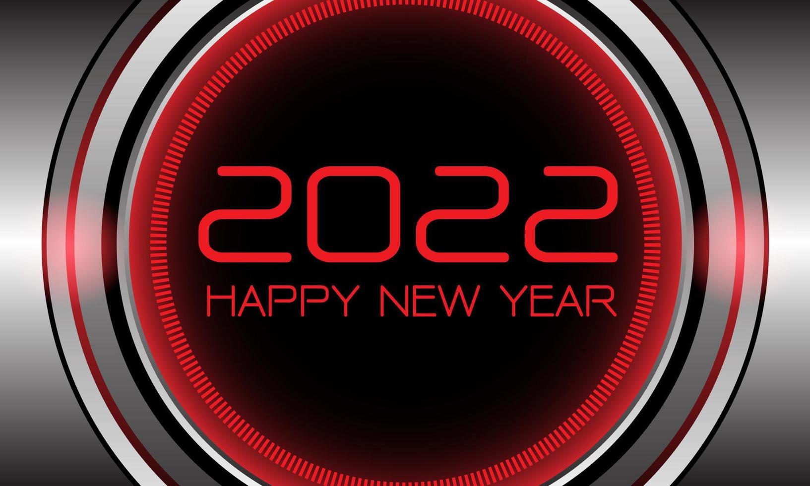 gelukkig nieuwjaar 2022 zilveren cirkel technologie rood licht tekst nummer ontwerp voor aftellen vakantie festival viering partij achtergrond vector