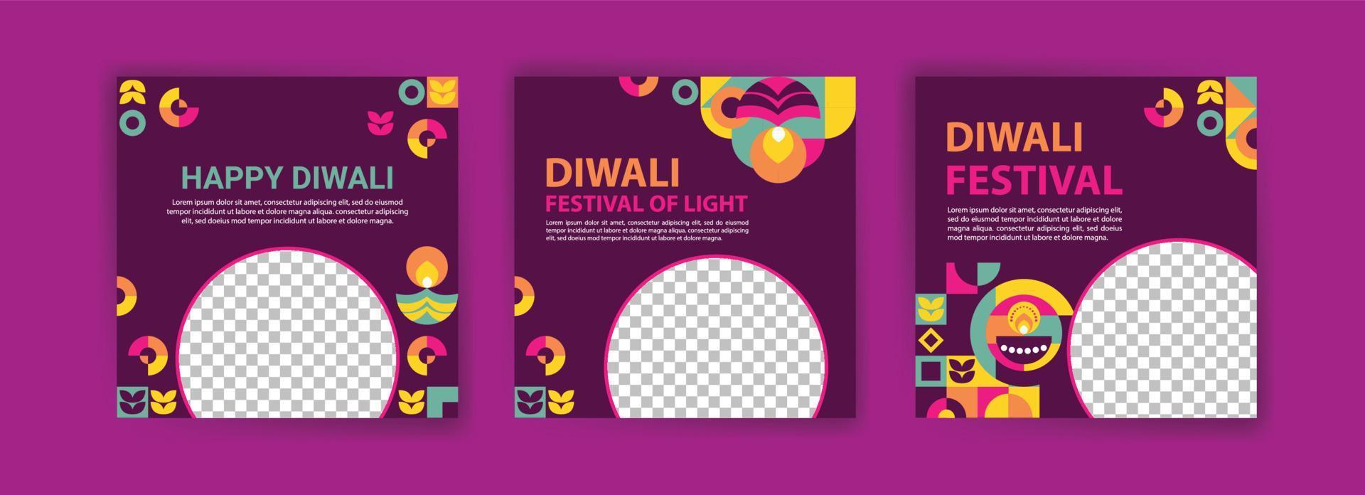 social media postsjabloon voor diwali-viering. kleurrijke neo geometrische poster voor diwali viering. vector