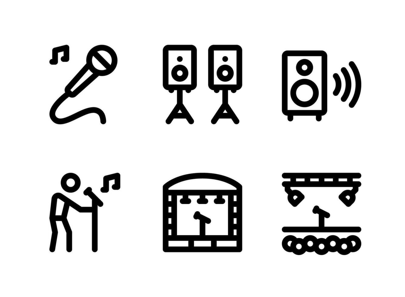 eenvoudige set van muziekfestival gerelateerde vector lijn iconen. bevat pictogrammen als microfoon, luidsprekers, concertpodium en meer.