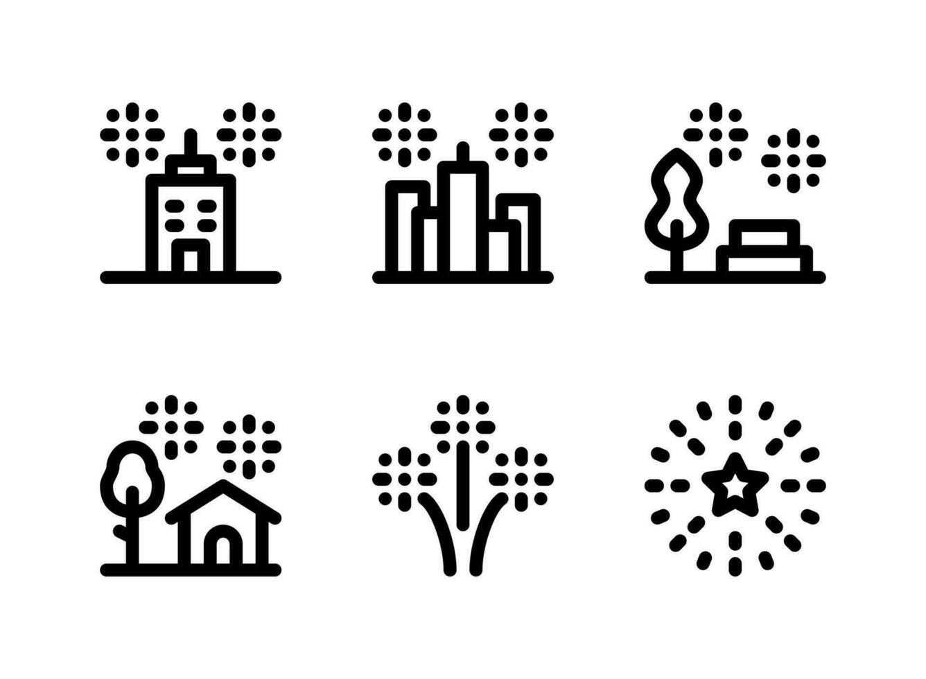 eenvoudige set van vuurwerk gerelateerde vector lijn iconen. bevat pictogrammen als stad, park, huis en meer.