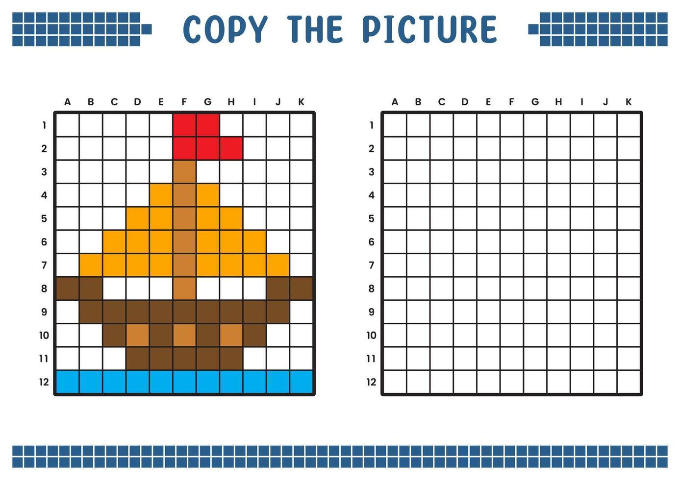 kopiëren de afbeelding, compleet de rooster afbeelding. leerzaam werkbladen tekening met vierkanten, kleur cel gebieden. kinderen peuter- activiteiten. tekenfilm vector, pixel kunst. piraat schip illustratie. vector