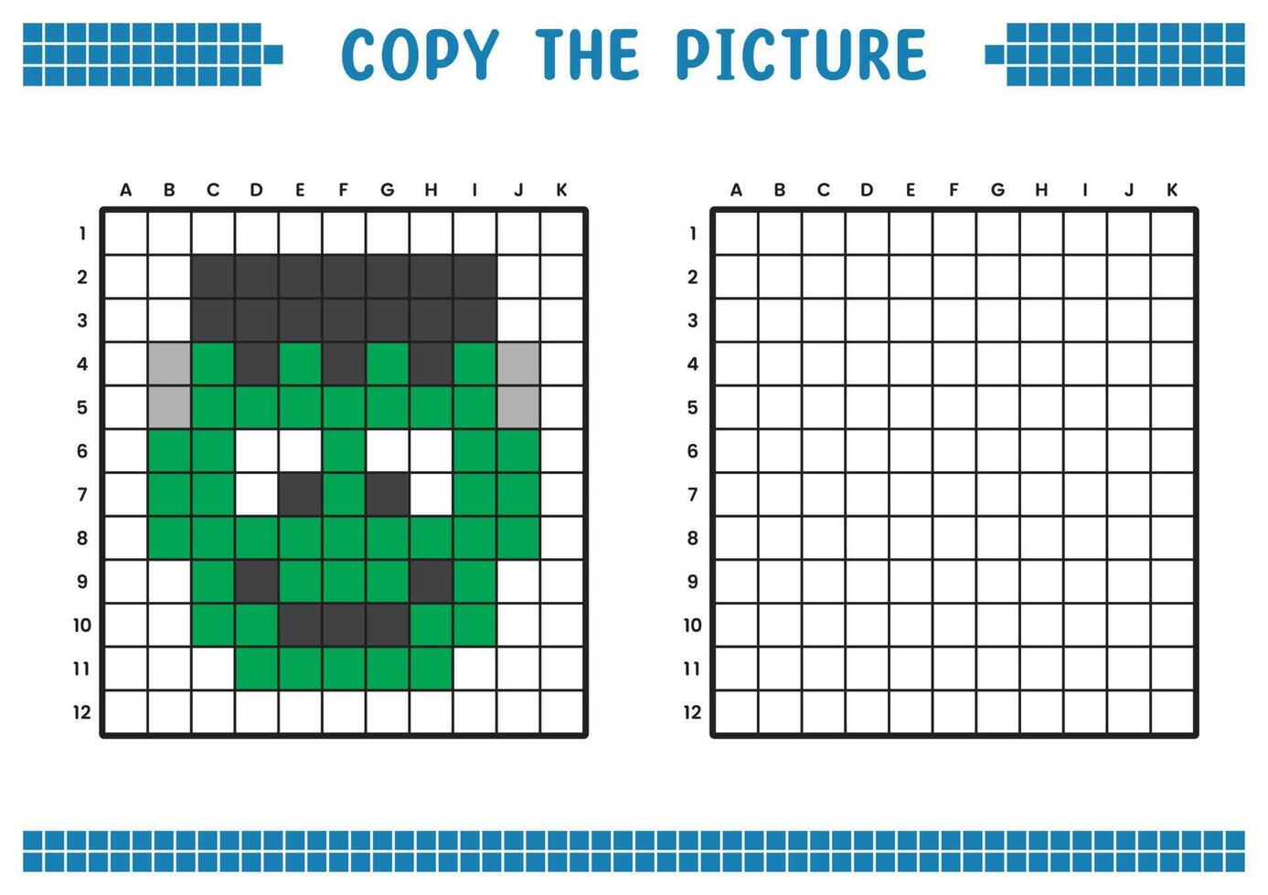 kopiëren de afbeelding, compleet de rooster afbeelding. leerzaam werkbladen tekening met vierkanten, kleur cel gebieden. kinderen peuter- activiteiten. tekenfilm vector, pixel kunst. zombie illustratie. vector