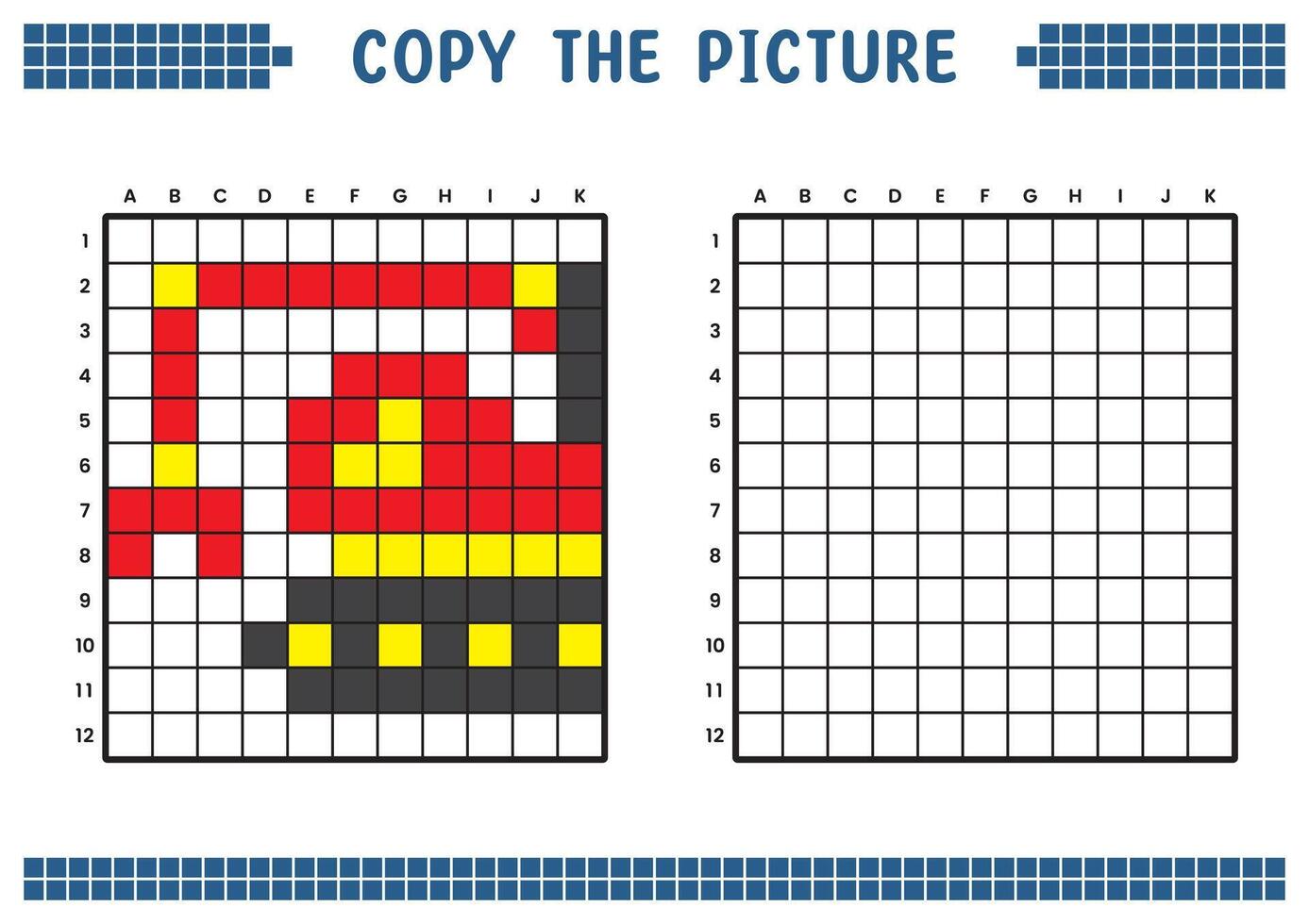 kopiëren de afbeelding, compleet de rooster afbeelding. leerzaam werkbladen tekening met vierkanten, kleur gebieden. kinderen peuter- activiteiten. tekenfilm vector, pixel kunst. clamshell graafmachine illustratie. vector