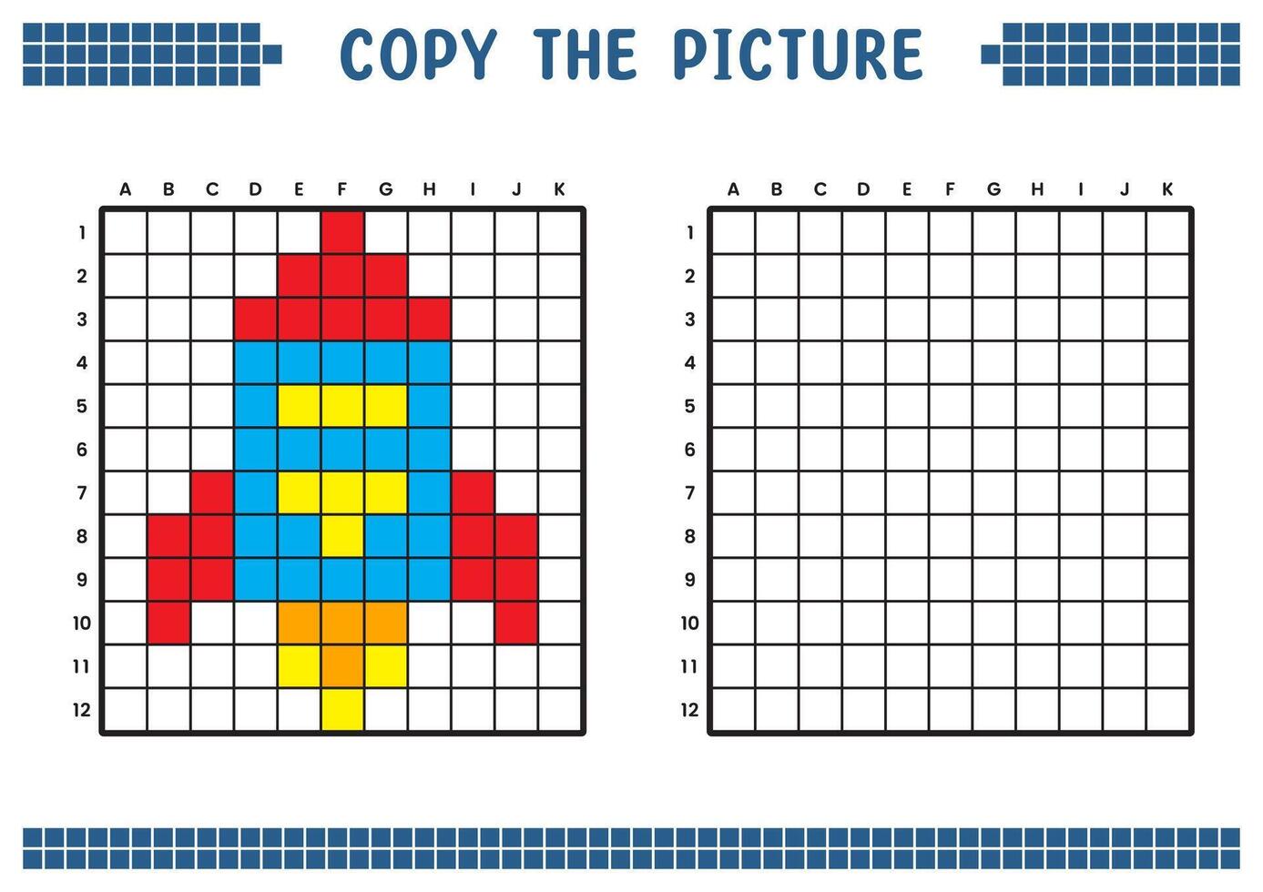 kopiëren de afbeelding, compleet de rooster afbeelding. leerzaam werkbladen tekening met vierkanten, kleur cel gebieden. kinderen peuter- activiteiten. tekenfilm vector, pixel kunst. ruimte raket illustratie. vector