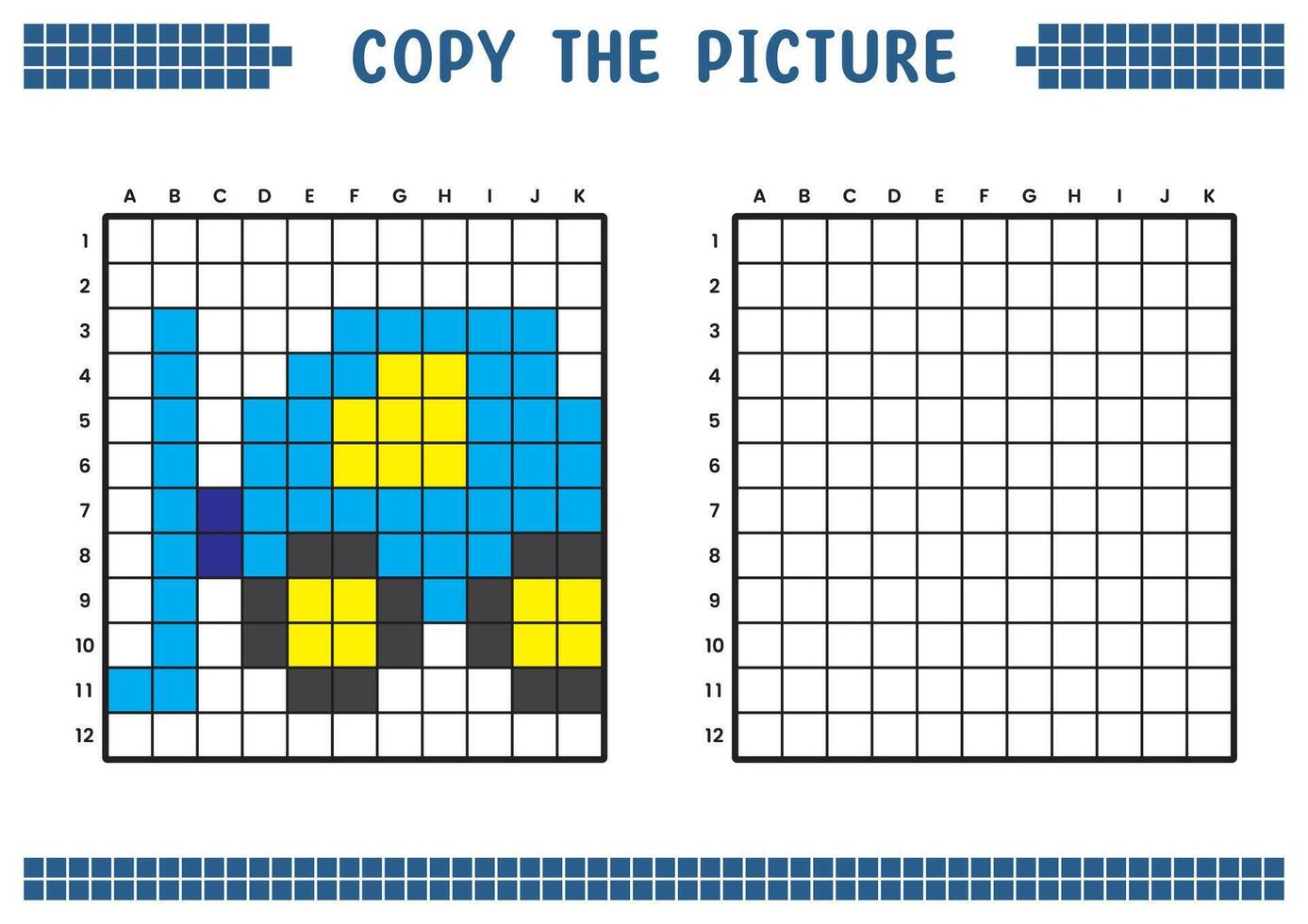 kopiëren de afbeelding, compleet de rooster afbeelding. leerzaam werkbladen tekening met vierkanten, kleur cel gebieden. kinderen peuter- activiteiten. tekenfilm vector, pixel kunst. heftruck voertuig illustratie. vector