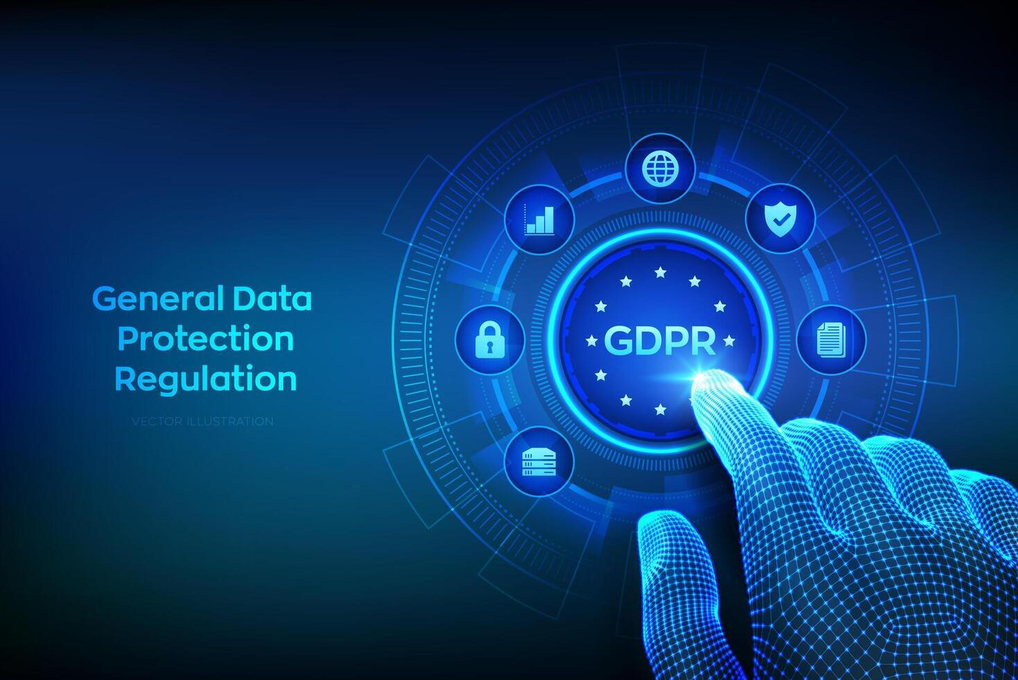 gdpr. algemeen gegevens bescherming regulatie. cyber veiligheid en privacy concept Aan virtueel scherm. bescherming van persoonlijk informatie. wireframe hand- aanraken digitaal koppel. vector illustratie.