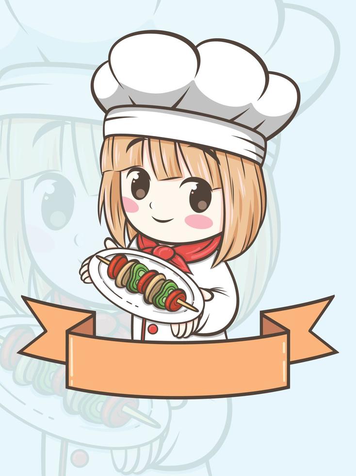 schattig barbecue chef-kok meisje met een gegrild rundvlees - stripfiguur en logo afbeelding vector