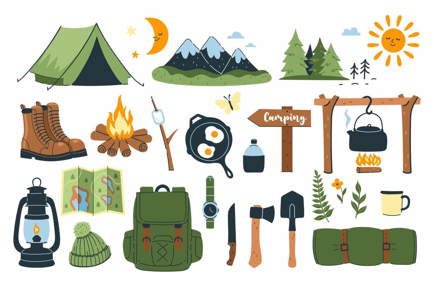 een reeks van items voor camping en buitenshuis recreatie. vector grafiek