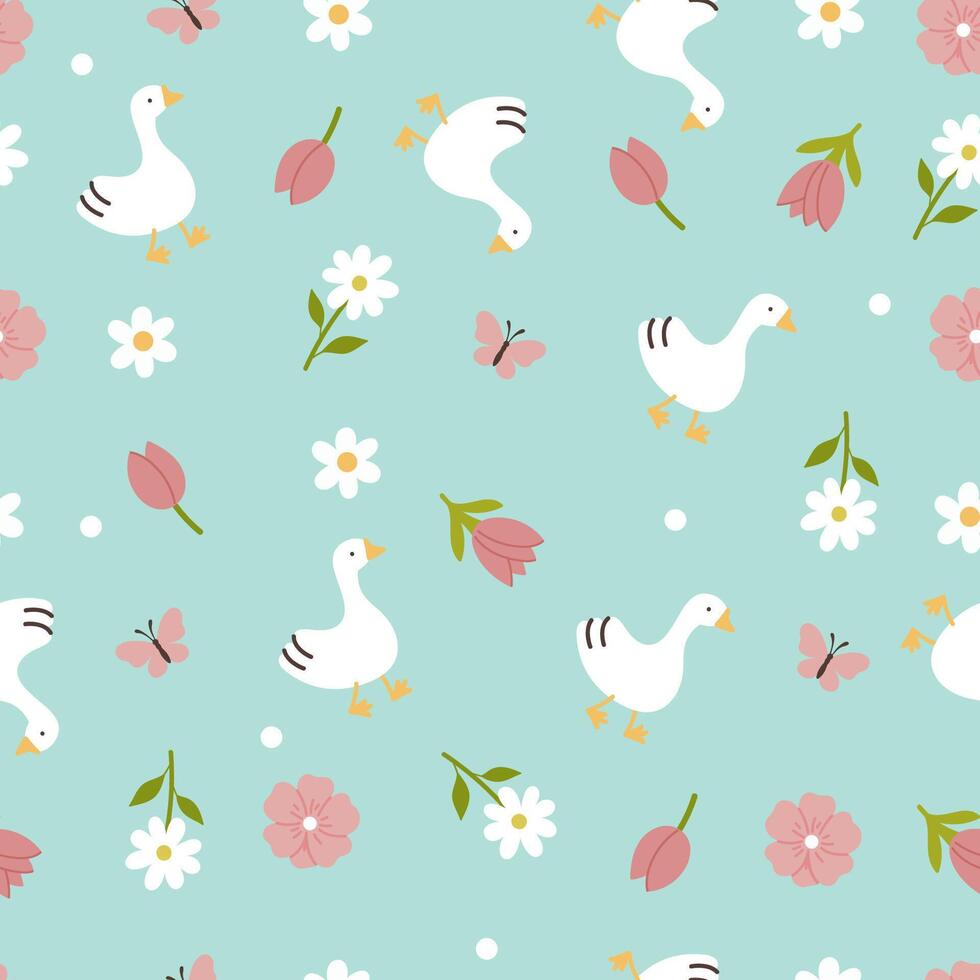 gemakkelijk naadloos patroon van schattig ganzen en bloemen. vector grafiek