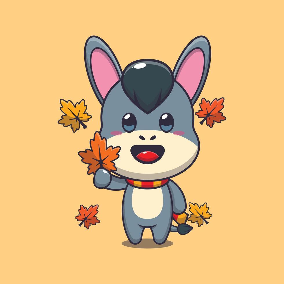 schattig ezel Holding herfst blad. mascotte tekenfilm vector illustratie geschikt voor poster, brochure, web, mascotte, sticker, logo en icoon.