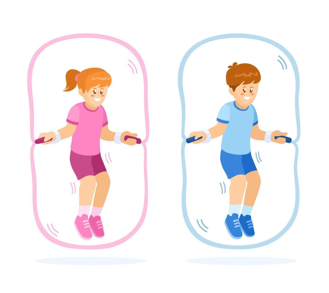 kinderen springen touw training reeks tekenfilm illustratie vector