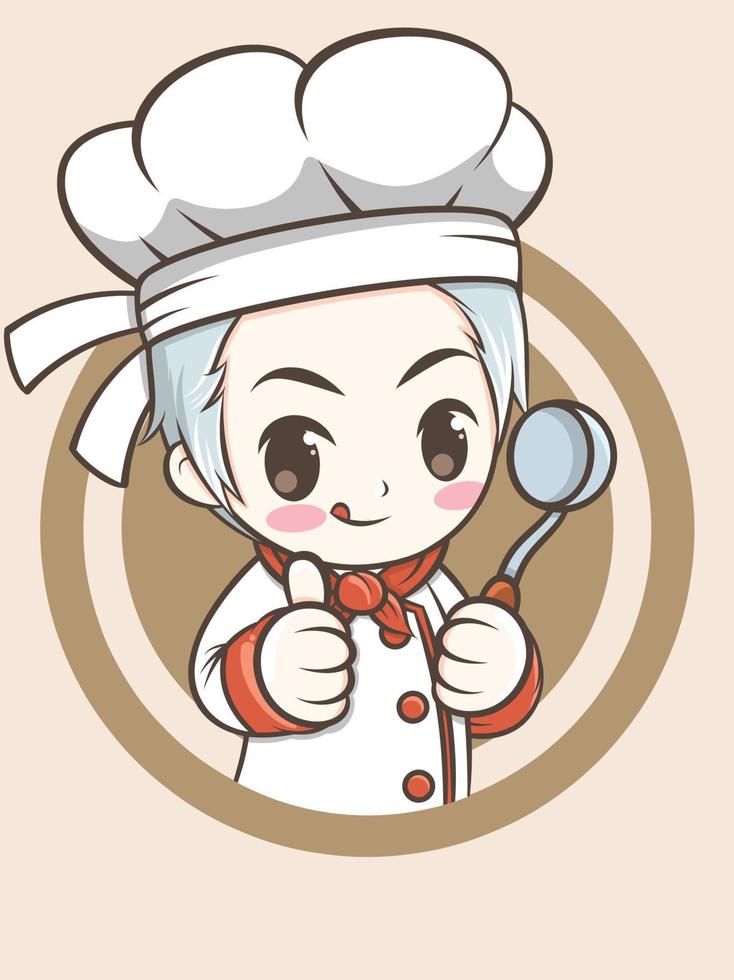 leuke chef-kokjongen die een cartoon van de soepchef-kok houdt vector