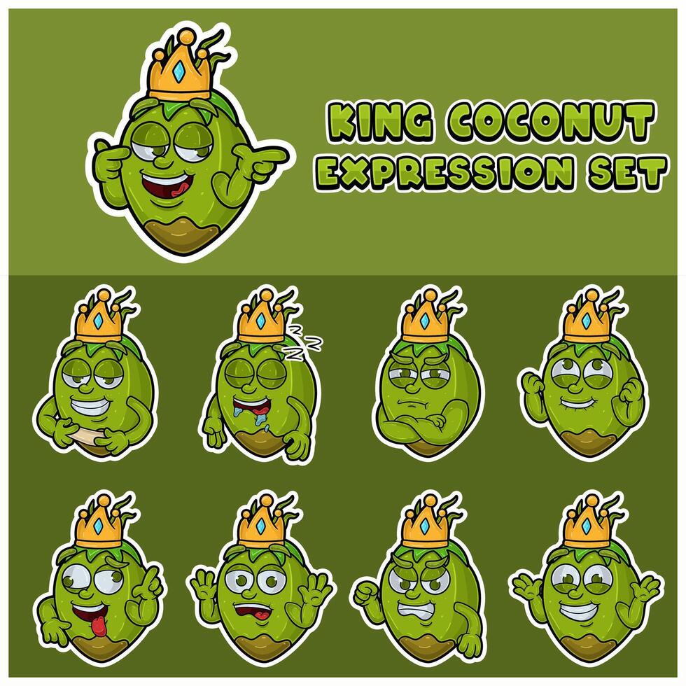 tekenfilm mascotte van kokosnoot fuit karakter met koning en uitdrukking set. vector