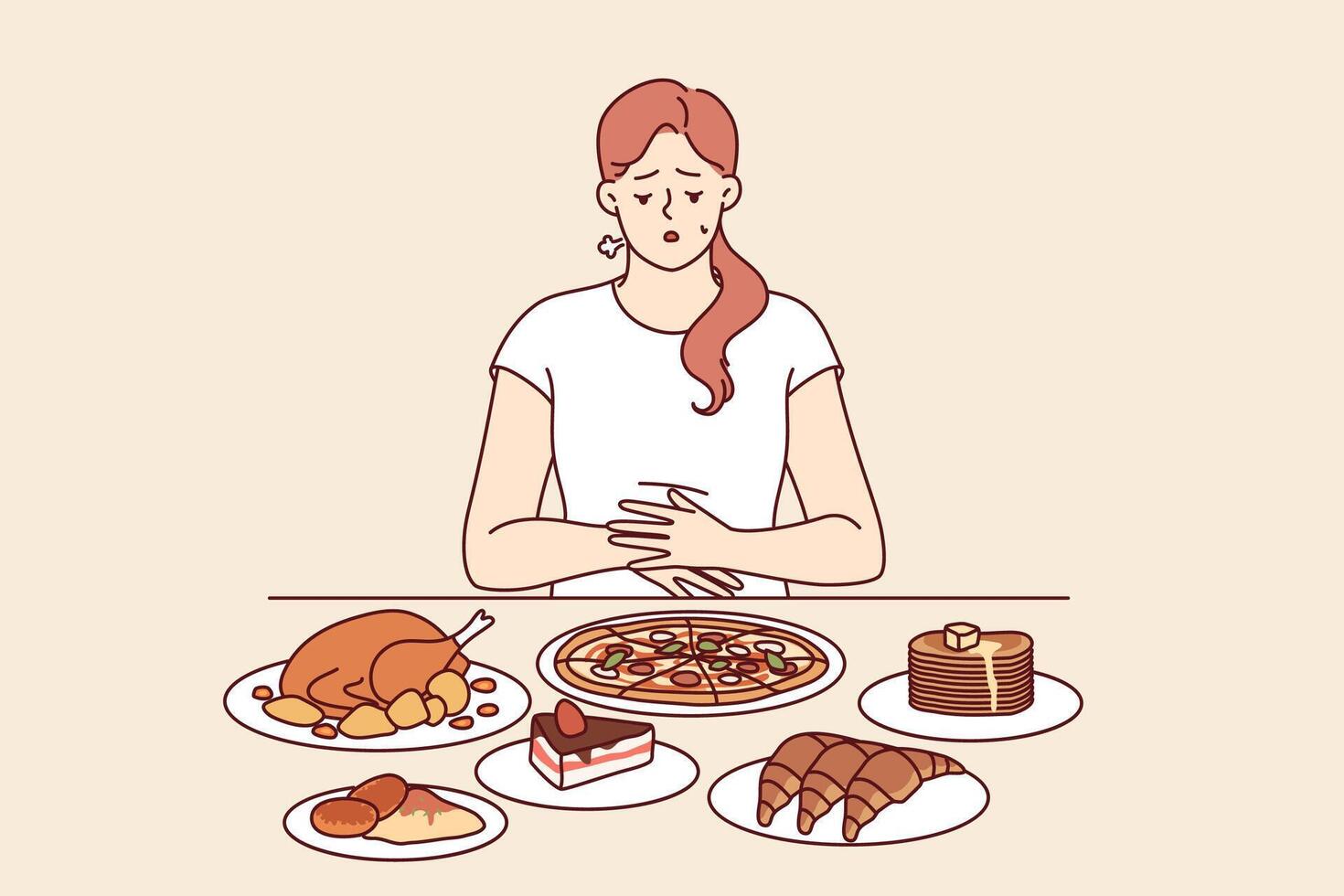 probleem van te veel eten in vrouw zittend Bij tafel met snel voedsel, en in nodig hebben van evenwichtig eetpatroon vector