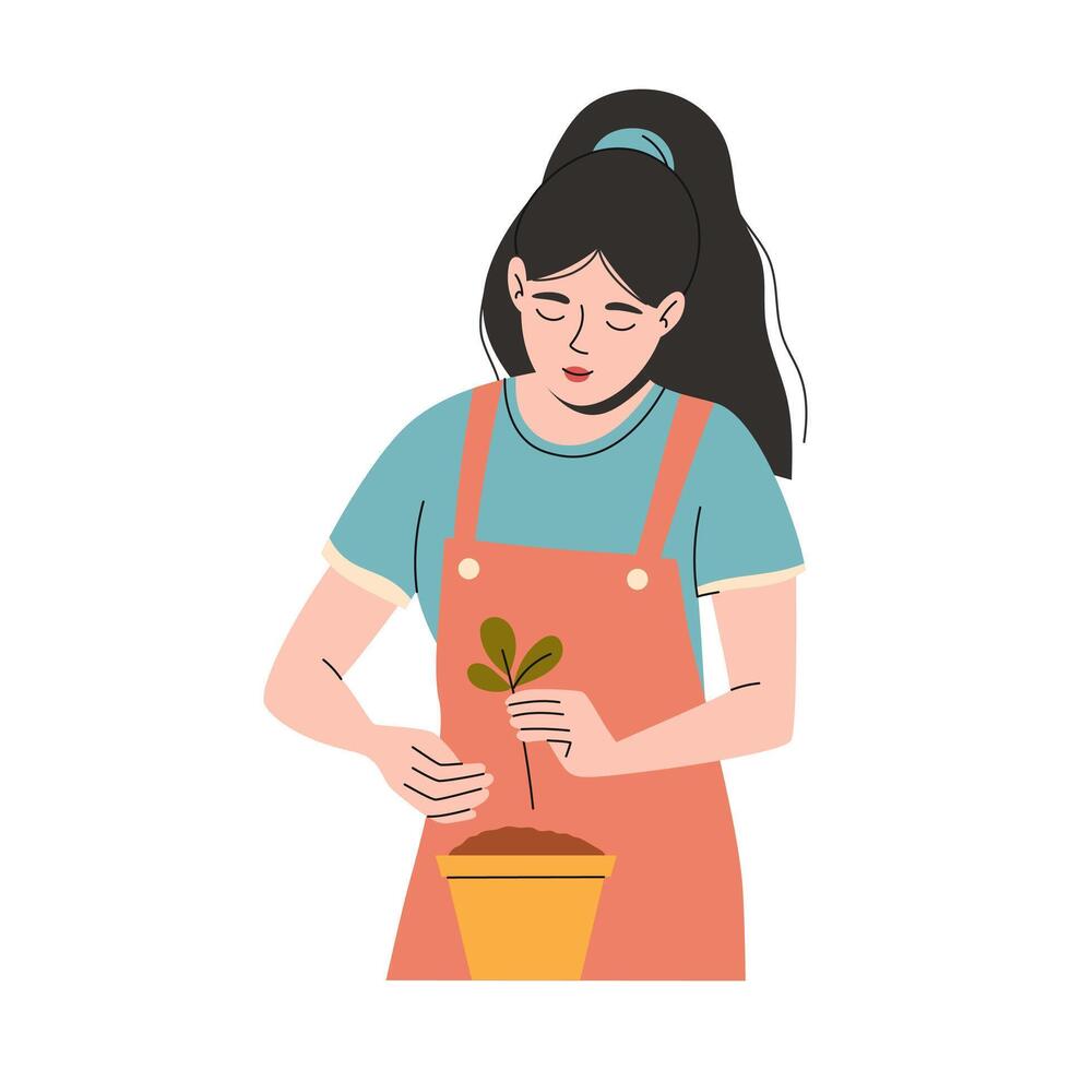 vrouw planten spruit in een pot. stedelijk tuinieren. vector illustratie.