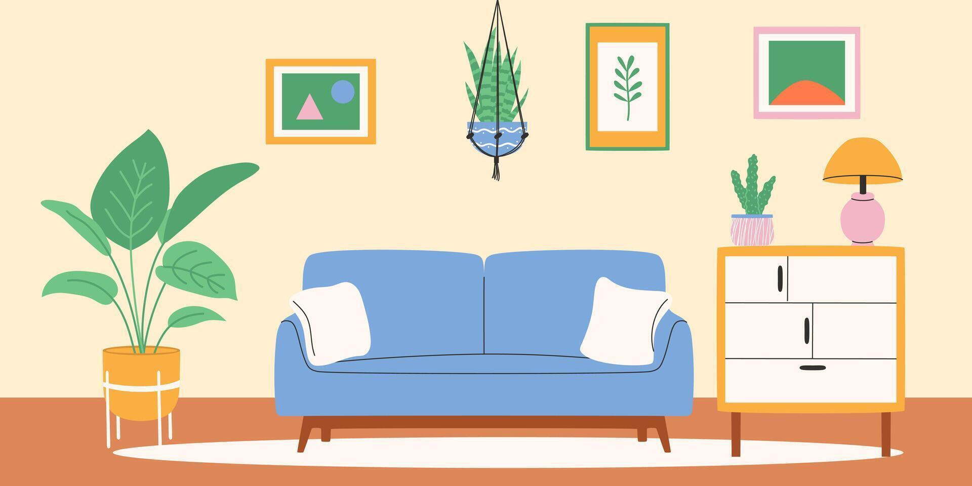 interieur van leven kamer met sofa en macrame fabriek. vector illustratie.