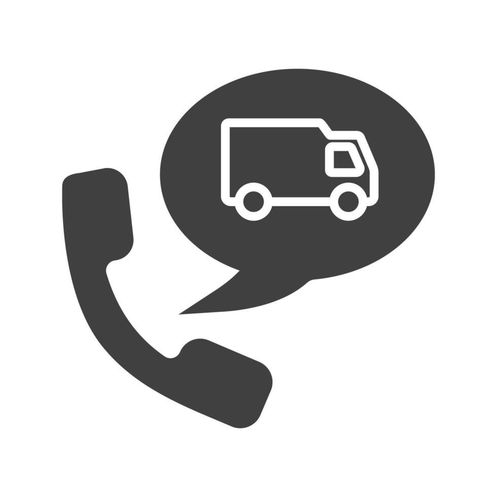 leveringsopdracht per telefoon glyph-pictogram. silhouet symbool. handset met bestelwagen in tekstballon. negatieve ruimte. vector geïsoleerde illustratie