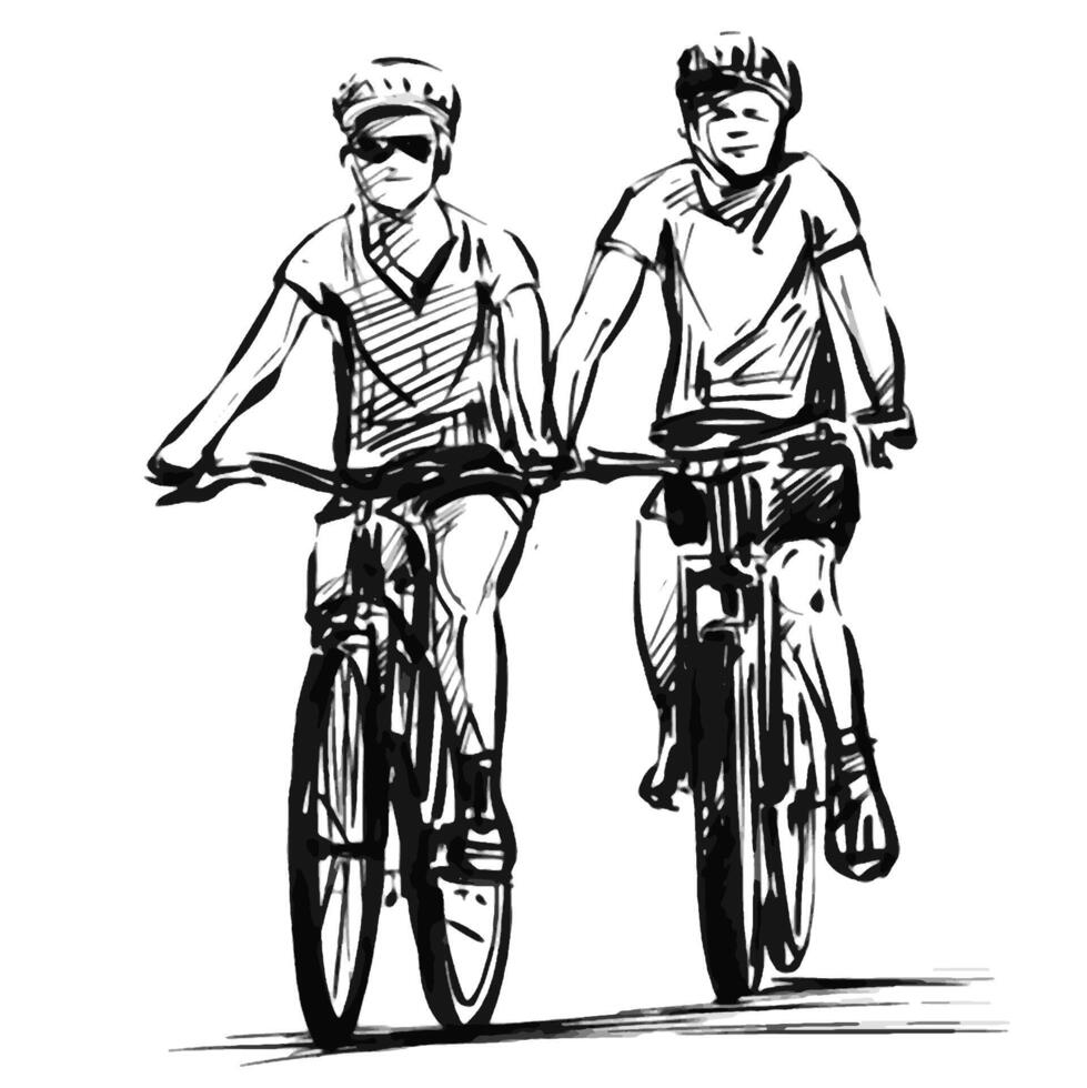tekening van paar fiets rijden in afgelegen Oppervlakte vector