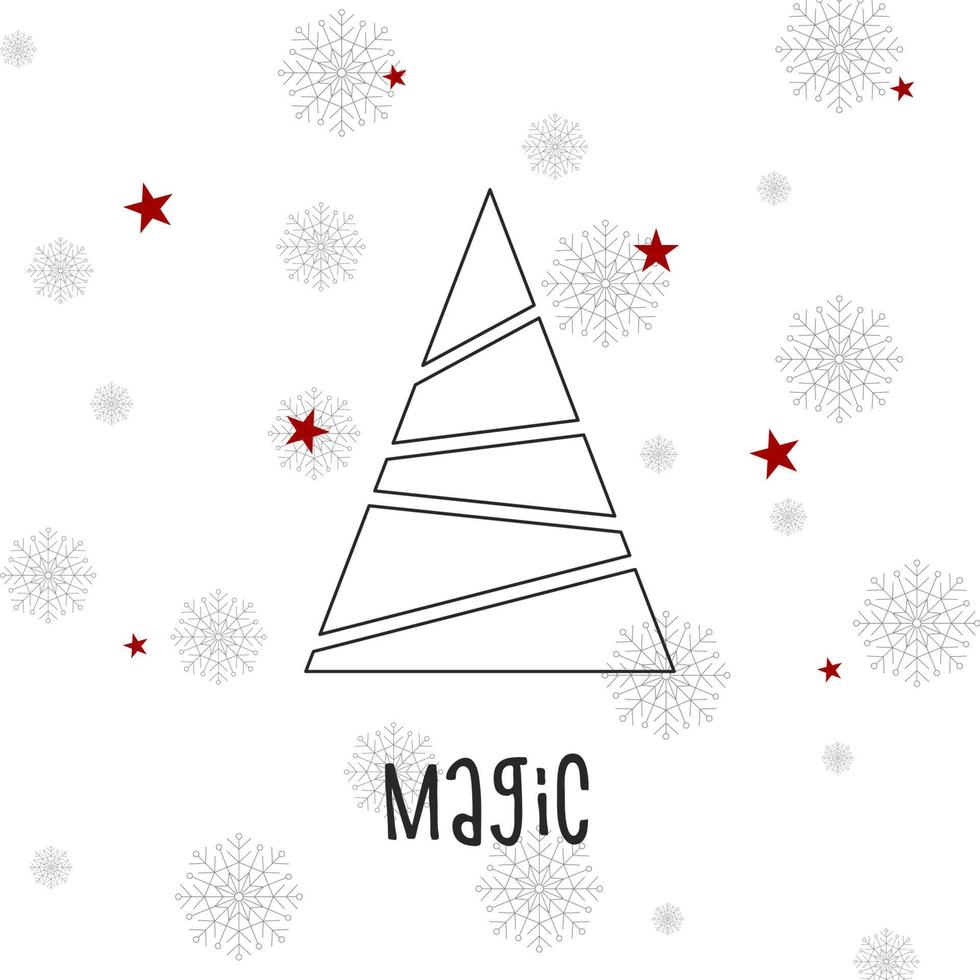 zwart silhouet van een kerstboom met grijze sneeuwvlokken en rode sterren. prettige kerstdagen en gelukkig nieuwjaar 2022. vectorillustratie. magie. vector