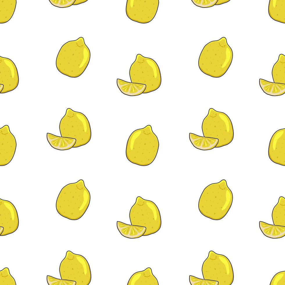 tropisch naadloos achtergrond met geel citroenen. hand- getrokken fruitig limonnia herhalen achtergrond in tekening stijl.design voor het drukken Aan stoffen, vakantie en banketbakkerij verpakking, behang, inpakpapier vector