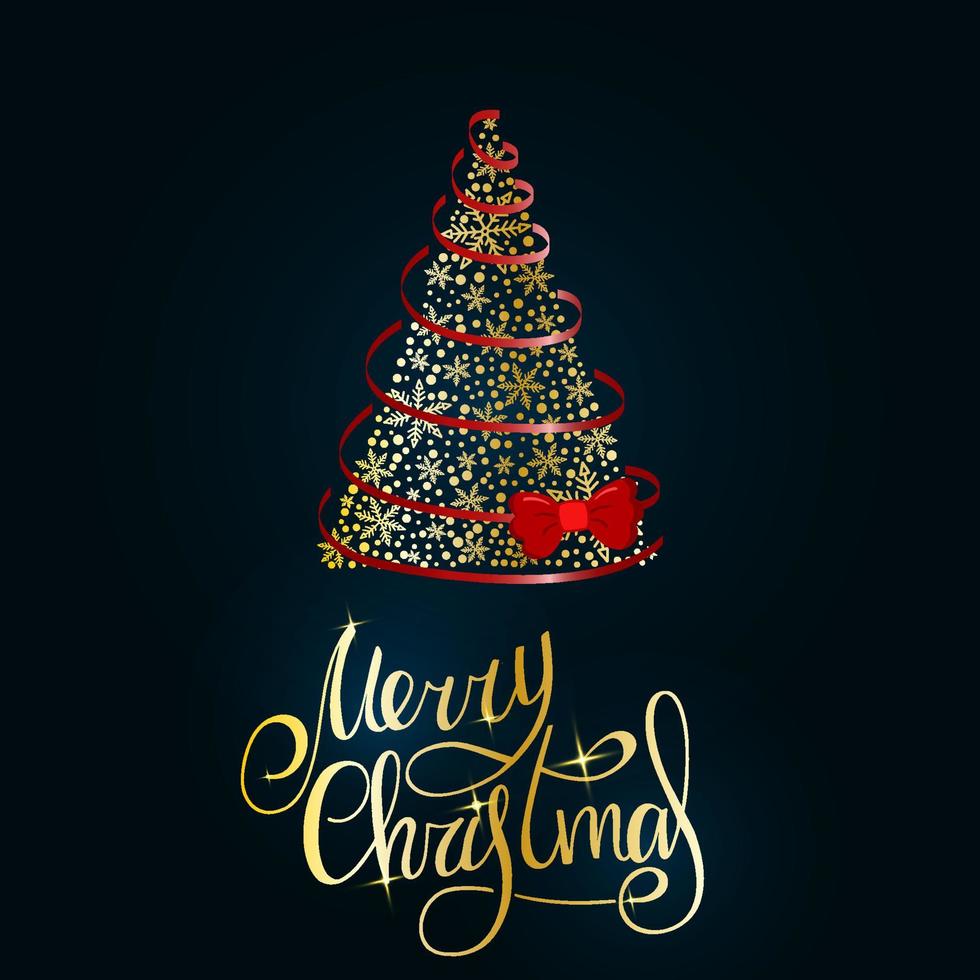 Vrolijk Kerstfeest. gouden handgeschreven letters met weelderige gouden kerstboom gemaakt van sneeuwvlokken met rode linten en strik op een donkerblauwe achtergrond. nieuwjaar 2022. vector
