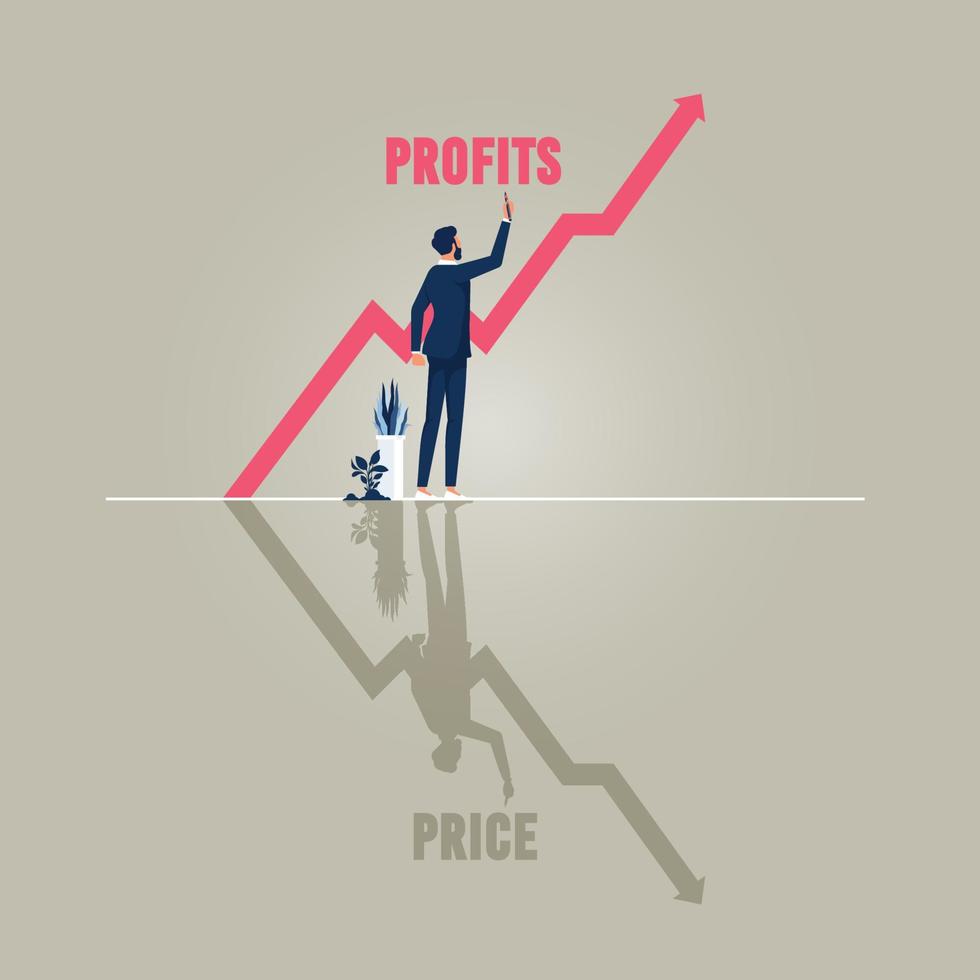 financiën en economie vectorconcept, zakenman die winsten en prijsgrafiek trekt vector