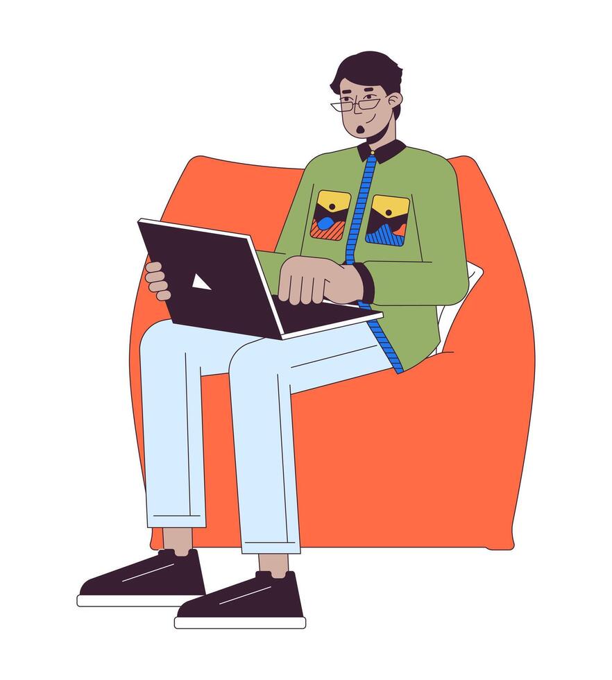 Arabisch mannetje met laptop zittend in zitzak stoel 2d lineair tekenfilm karakter. Mens werken Aan computer geïsoleerd lijn vector persoon wit achtergrond. comfortabel werk kleur vlak plek illustratie