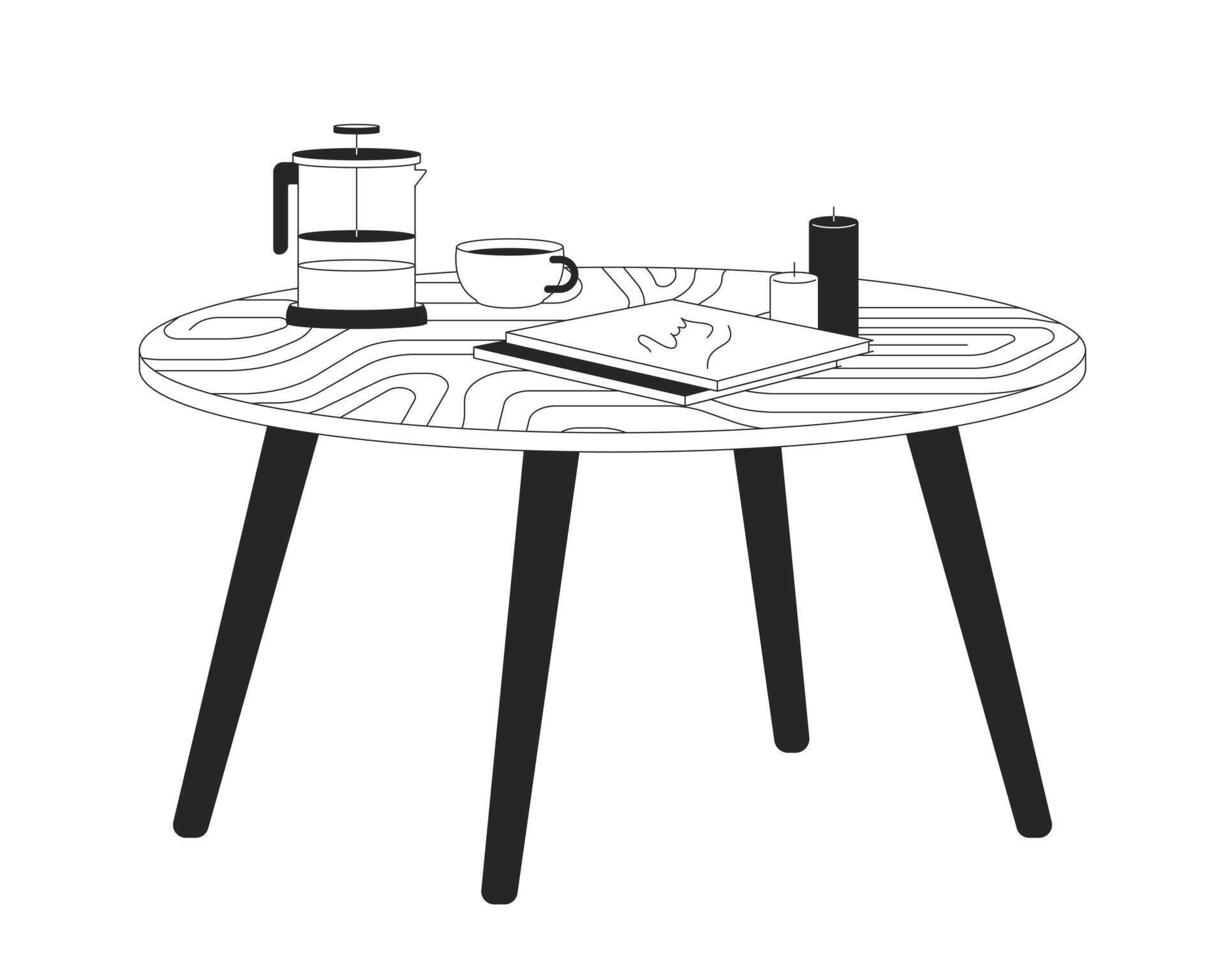 laag tafel met thee, tijdschriften en kaarsen 2d lineair tekenfilm voorwerp. huiselijk meubilair geïsoleerd lijn vector element wit achtergrond. leven kamer interieur ontwerp monochromatisch vlak plek illustratie