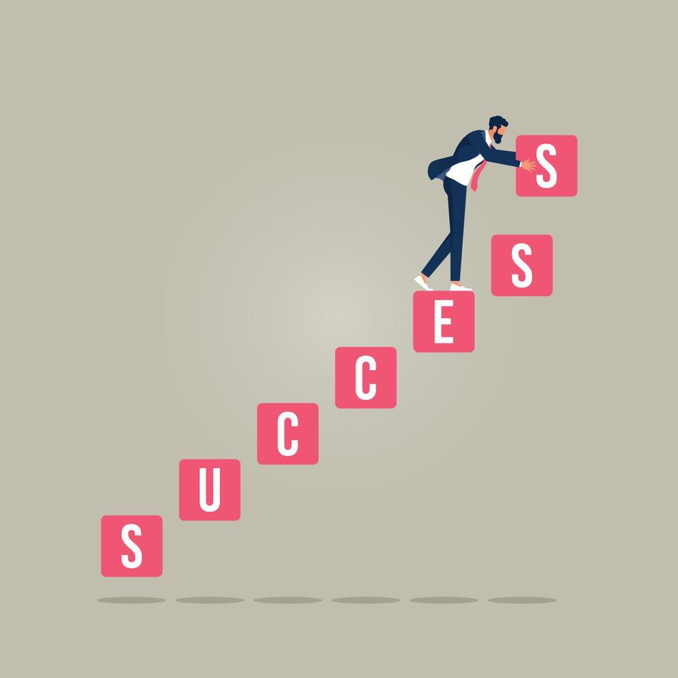 zakenman plaatst kubus belettering succes woord als trap, vectorillustratie voor succes concept vector