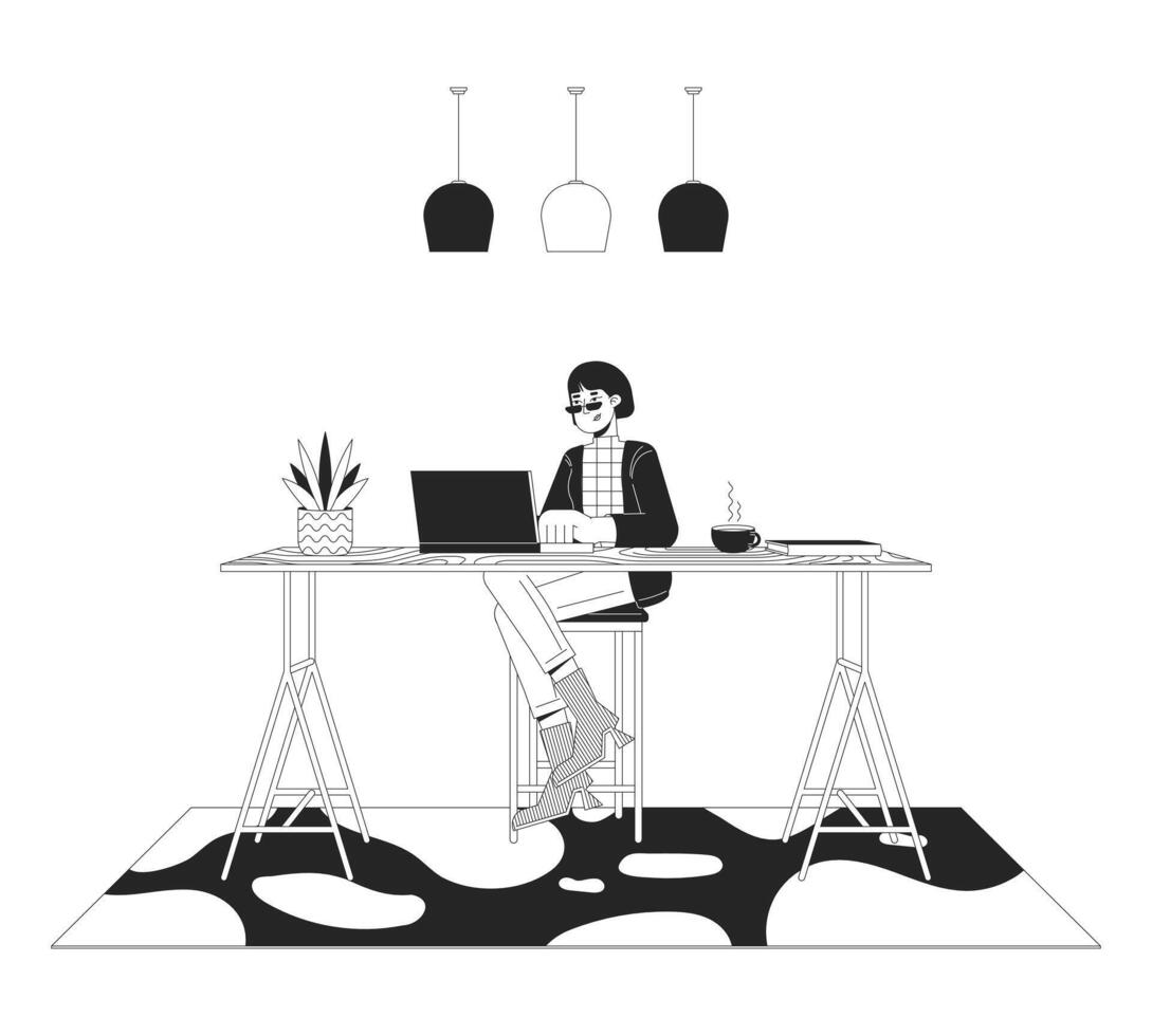 onconventioneel huis kantoor zwart en wit lijn illustratie. Aziatisch vrouw met laptop Bij teller tafel 2d lijn kunst karakter geïsoleerd. programmeur werkruimte monochroom tafereel vector schets beeld