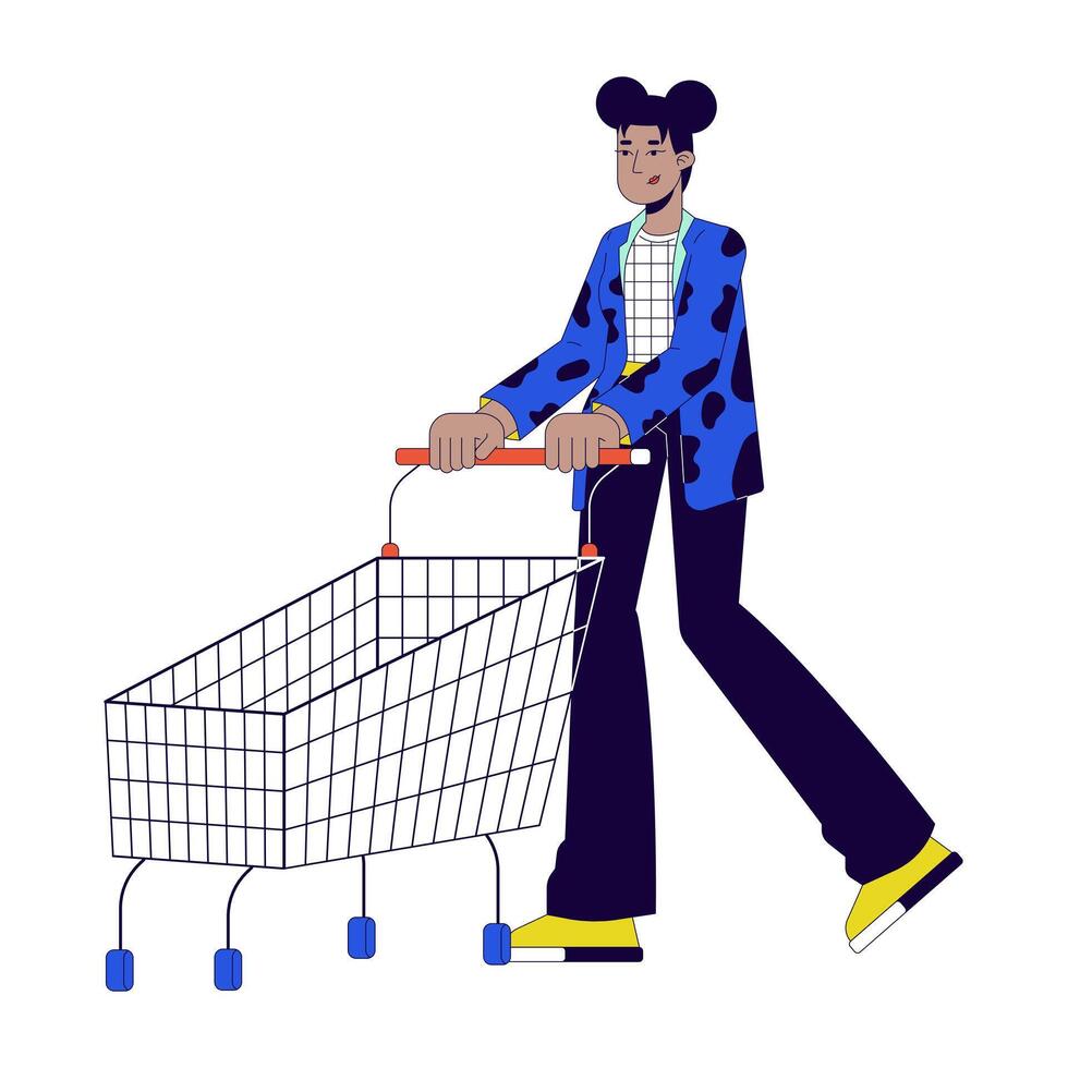 zwart vrouw inkoop boodschappen doen kar 2d lineair tekenfilm karakter. Afrikaanse Amerikaans vrouw koper geïsoleerd lijn vector persoon wit achtergrond. supermarkt trolley meisje kleur vlak plek illustratie