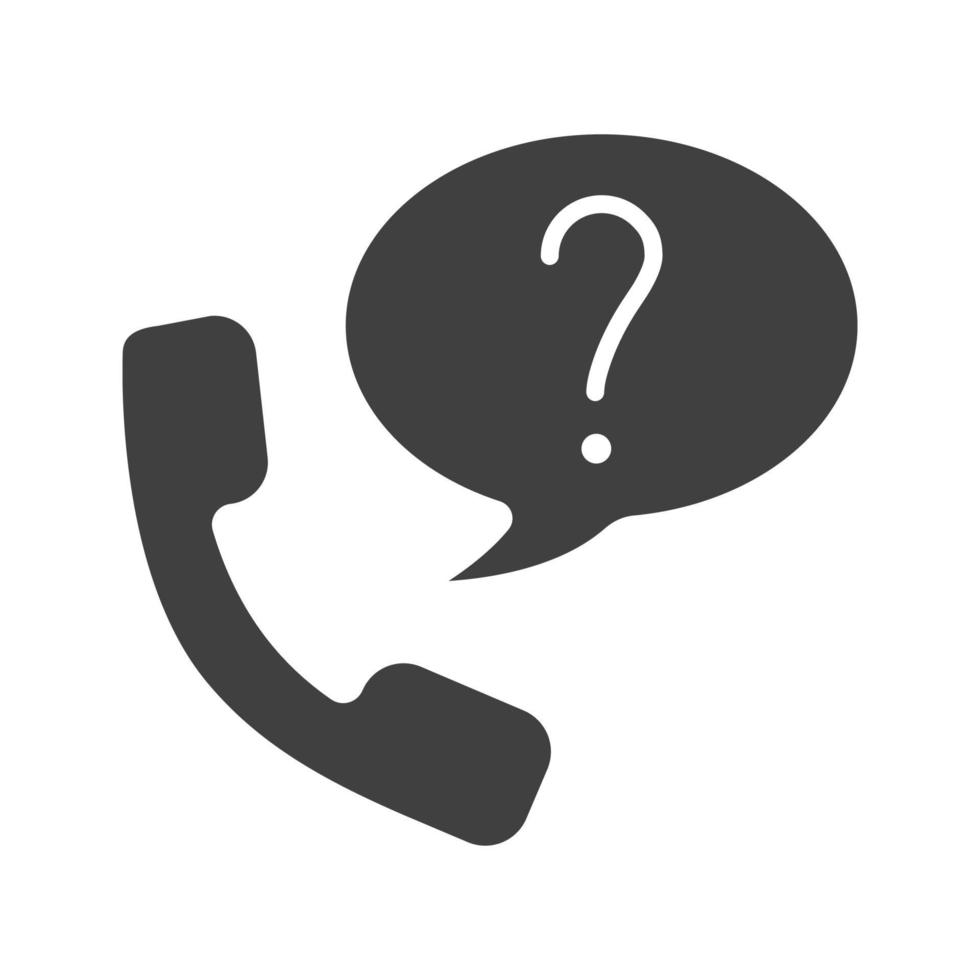 vraag per telefoon glyph-pictogram stellen. ondersteunende dienst. silhouet symbool. handset met vraagteken in tekstballon. negatieve ruimte. vector geïsoleerde illustratie