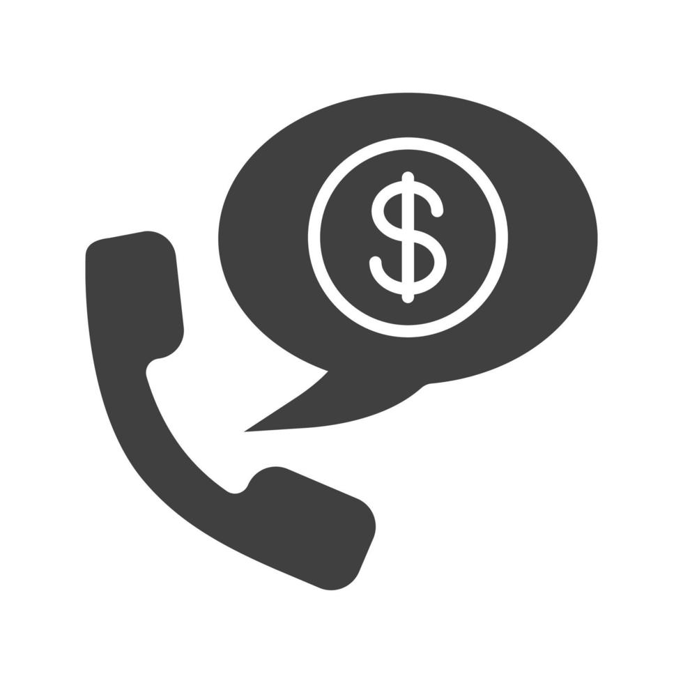 telefoon praten over geld glyph icoon. silhouet symbool. handset met ons dollarteken in tekstballon. negatieve ruimte. vector geïsoleerde illustratie