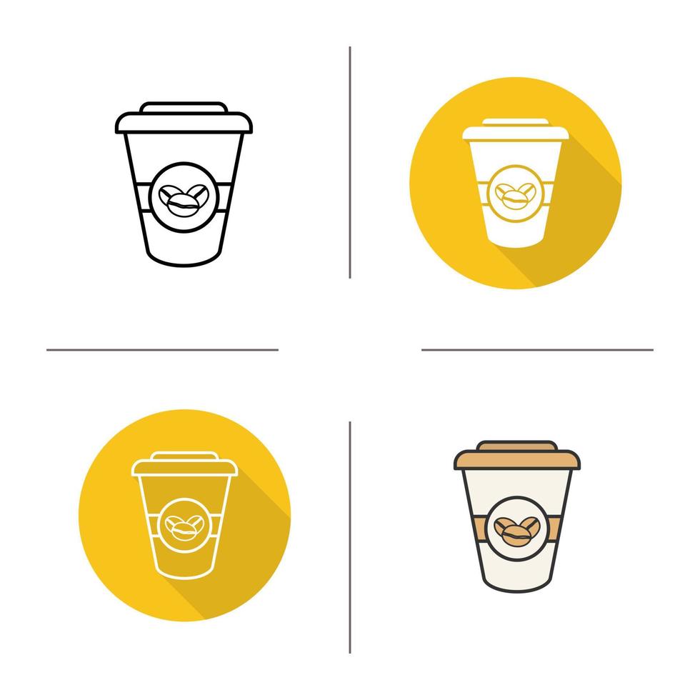 koffie plat ontwerp, lineaire en gekleurde pictogrammen instellen. wegwerpbeker in verschillende stijlen. contour en lange schaduw logo concepten. geïsoleerde vectorillustraties vector