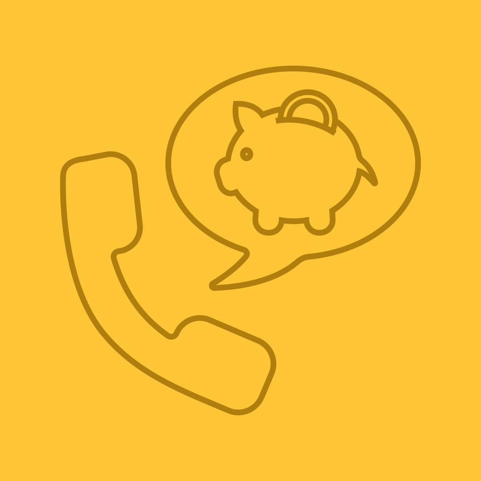 telefoontje naar bank kleur lineaire pictogram. handset met spaarpot in tekstballon. dunne lijn overzichtssymbolen op kleur achtergrond. vector illustratie