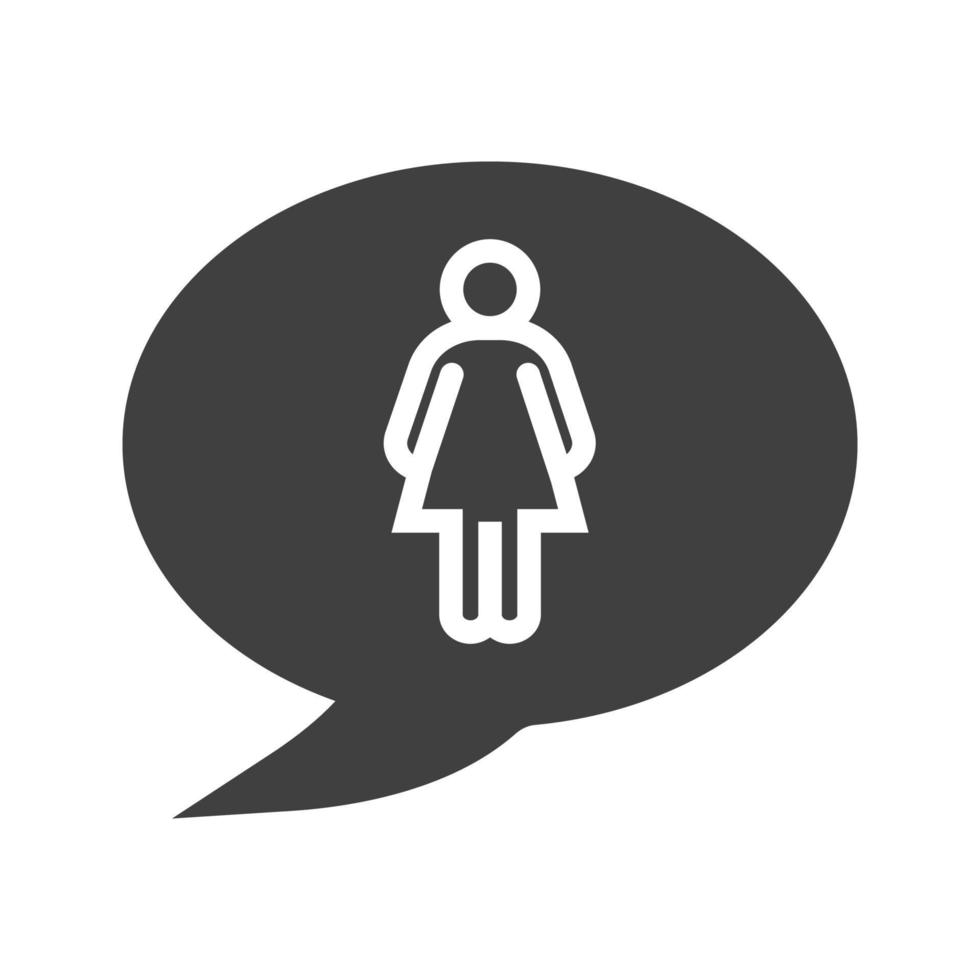 gesprek over vrouw glyph icoon. silhouet symbool. praatjebel met meisje binnen. negatieve ruimte. vector geïsoleerde illustratie