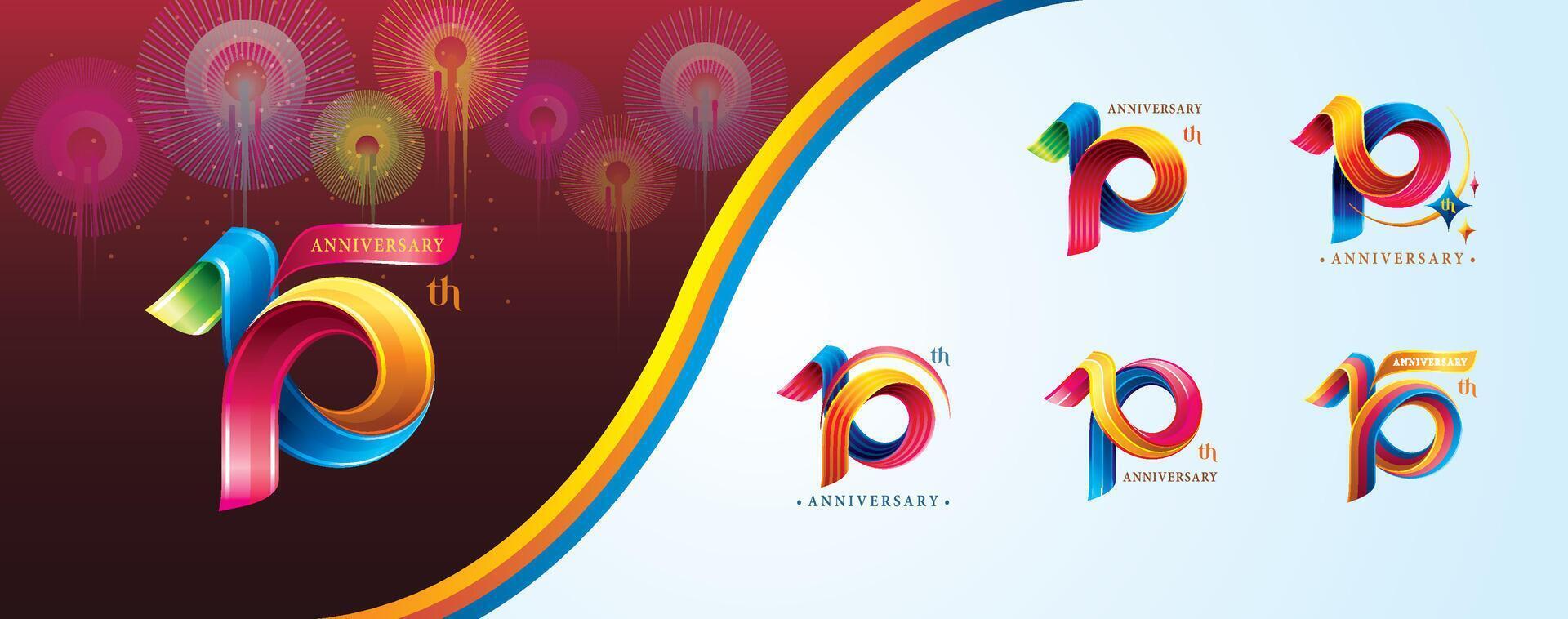 reeks van 10e verjaardag kleurrijk logotype ontwerp, tien jaren viering logo. abstract twist oneindigheid meerdere lijn kleurrijk vector