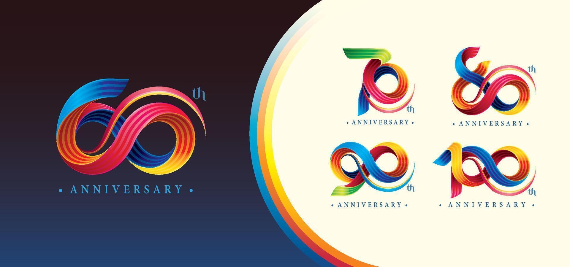 reeks van 60 naar 100 jaren verjaardag kleurrijk logotype ontwerp, 60, 70, 80, 90, 100 jaar, abstract twist oneindigheid drie lijn kleurrijk gebogen. vector