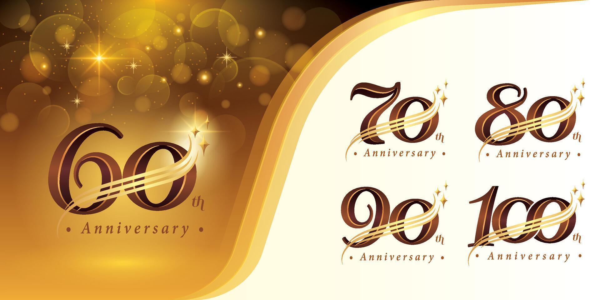 reeks van 60 naar 100 jaren verjaardag logotype ontwerp, zestig naar honderd jaren vieren verjaardag logo, goud gebogen lijnen ster elegant klassiek logo, vector