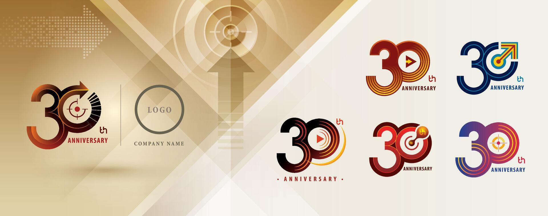 reeks van 30e verjaardag logotype ontwerp, dertig jaren vieren verjaardag logo meerdere lijn voor viering evenement, Speel pijl, doelwit teken logo, vector