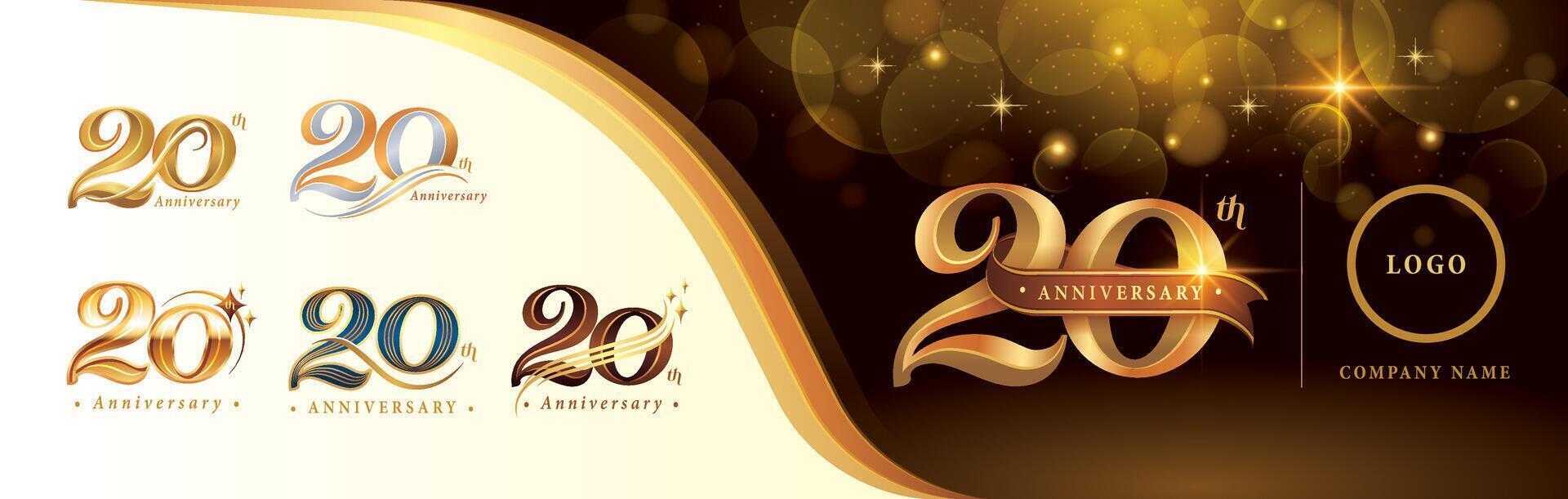 reeks van 20e verjaardag logotype ontwerp, twintig jaren verjaardag viering logo, gouden luxe en retro serif aantal 20 brieven vector