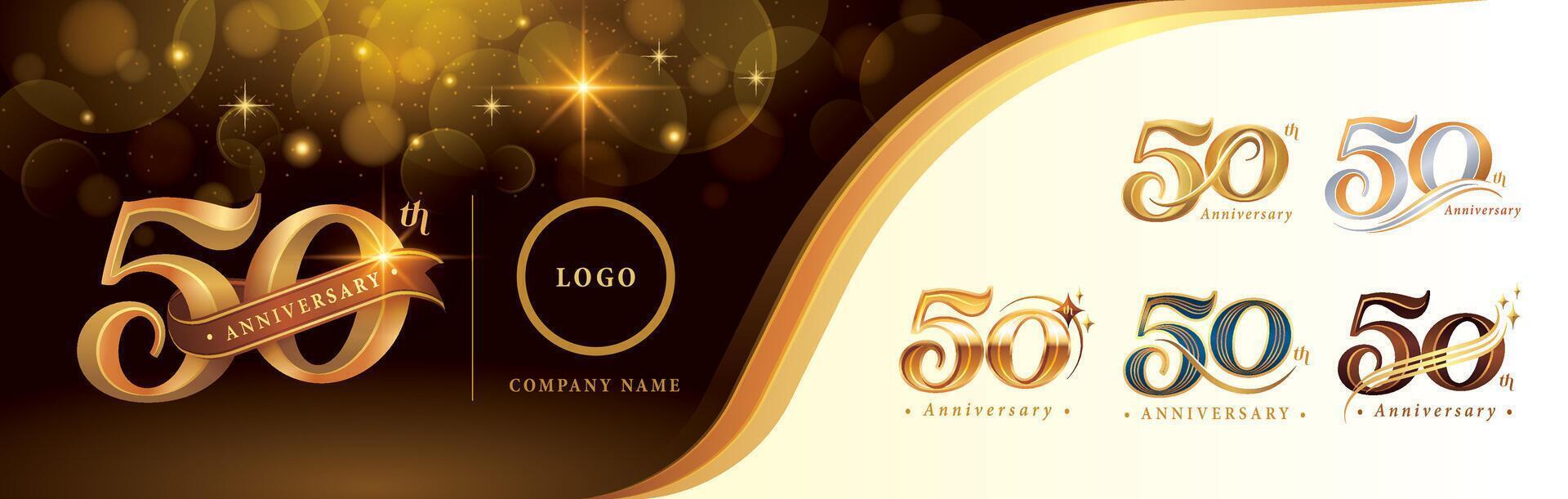 reeks van 50e verjaardag logotype ontwerp, vijftig jaren verjaardag viering logo, gouden luxe en retro serif aantal 50 brieven vector