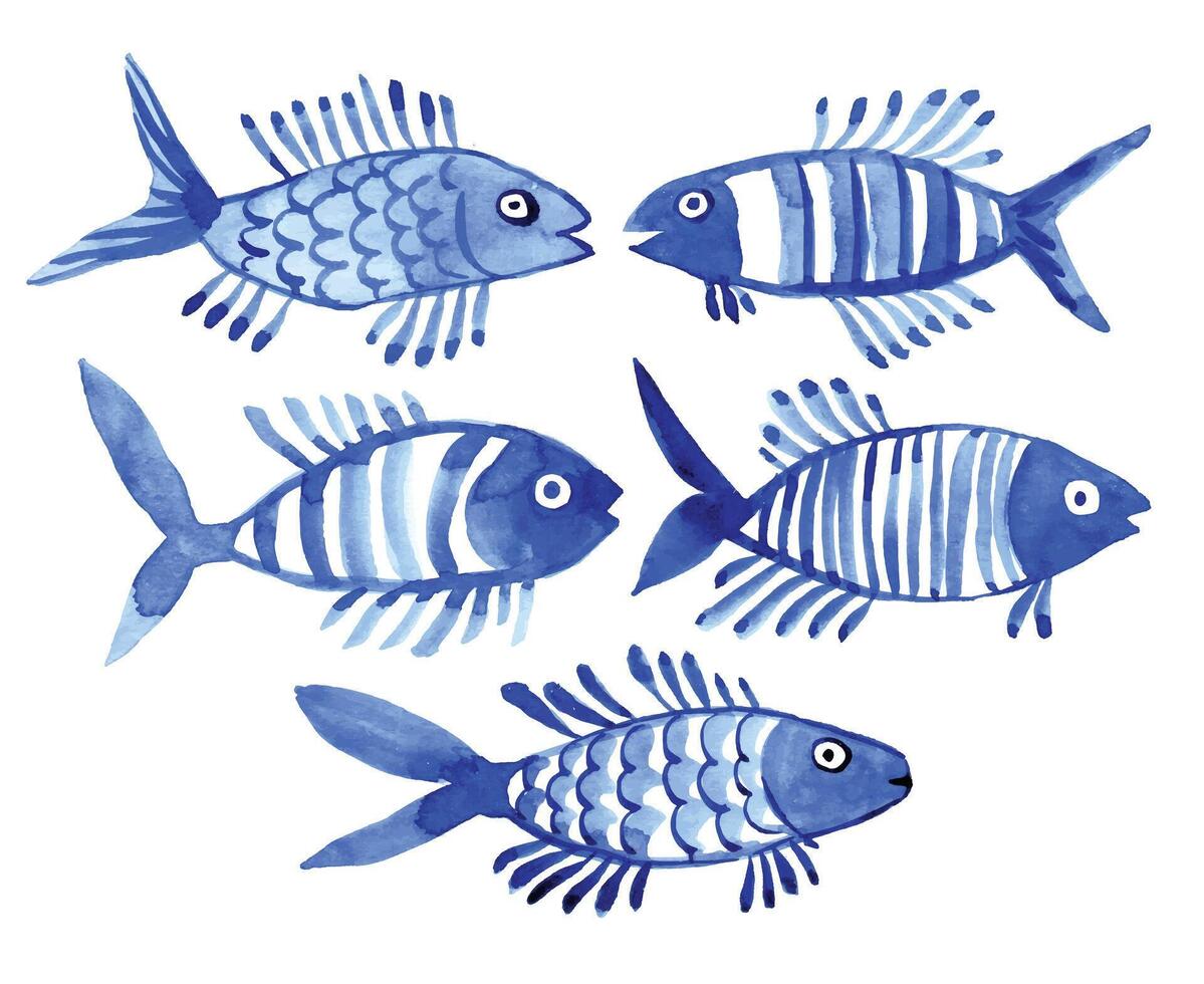 waterverf reeks met vis. kinderen gemakkelijk tekening blauw vis Aan een wit achtergrond. tekening vector